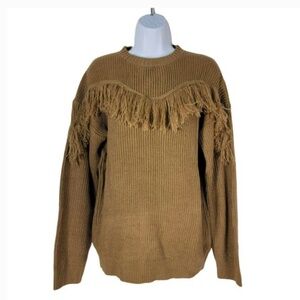 Brown Crew Neck Fringe Western Ribbed Sweater Women S